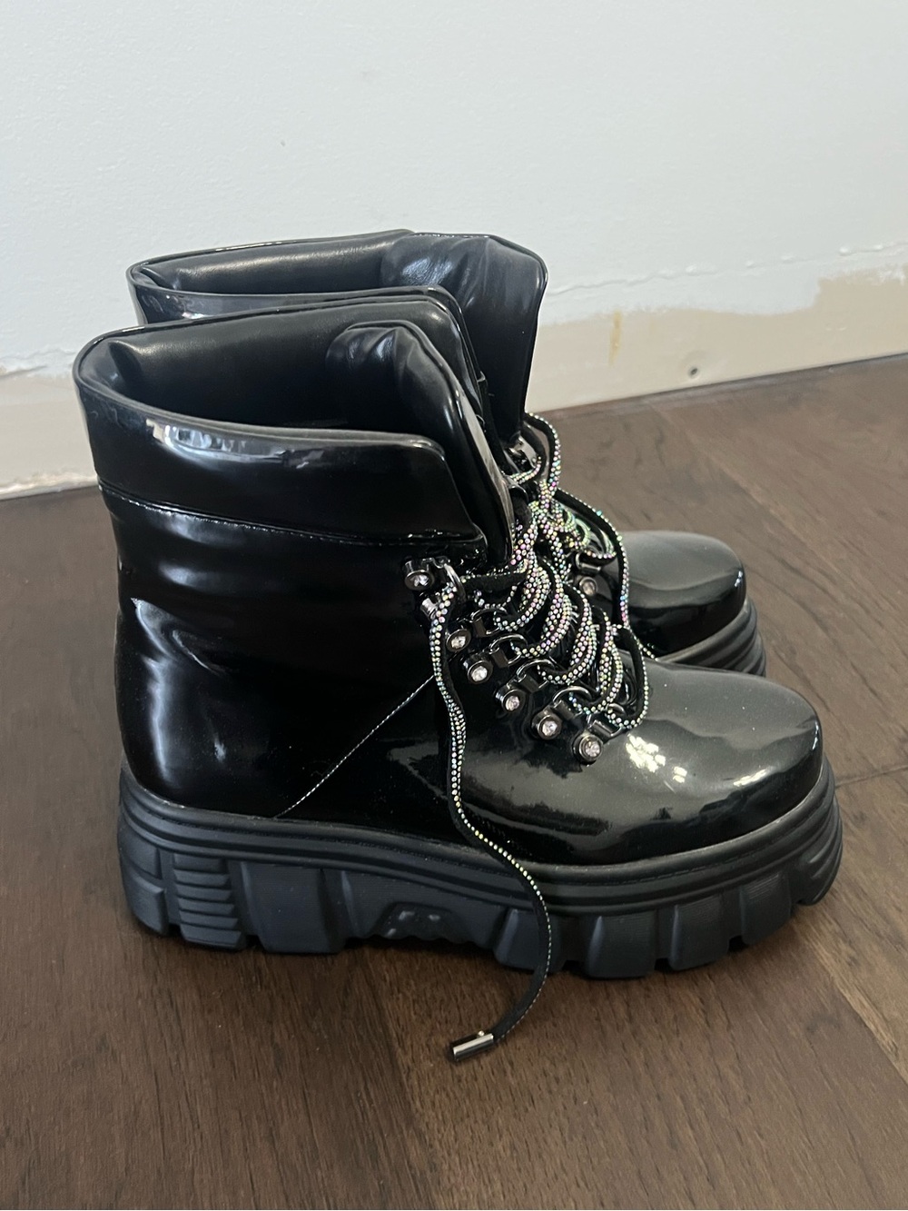 Azalea Wang Black Platform Rhinestone Lace-Up Boots - Picture 4 of 8